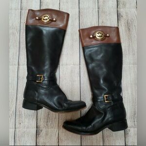 Michael Kors Black and Brown Leather Riding Boots with Gold Hardware